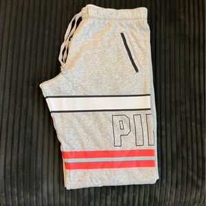 PINK Victoria’s Secret heathered gray sweats w/coral + light blue stripes SIZE M